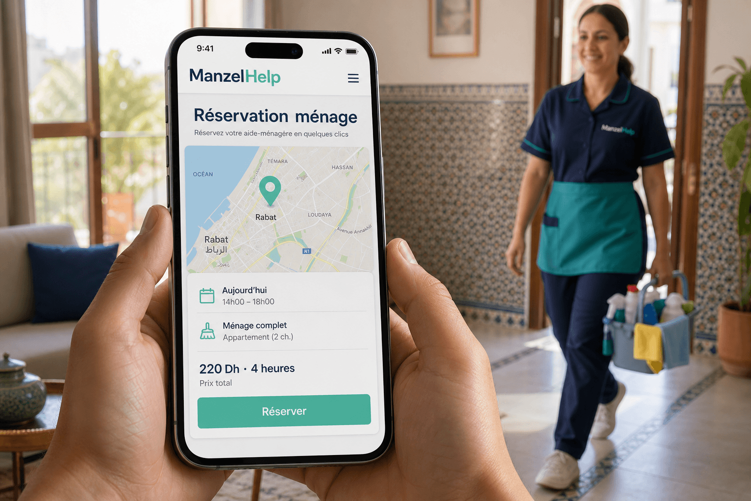 Application ManzelHelp sur téléphone et professionnelle de ménage